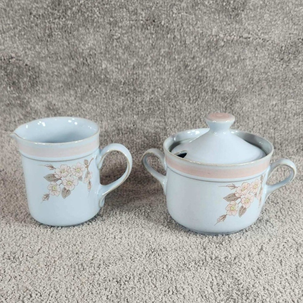 Denby Normandy Creamer and Lidded Sugar Bowl Blue Floral Stoneware England Set